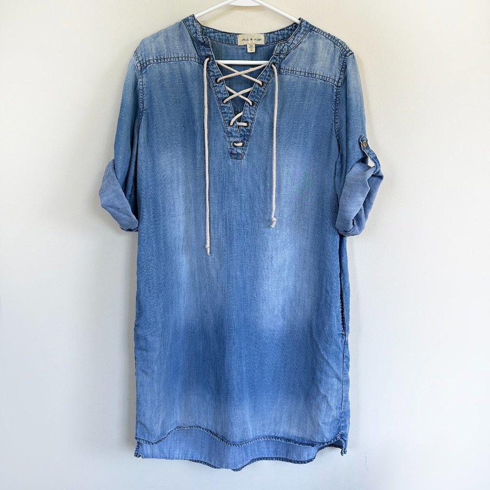 Cloth & Stone Lace Up Chambray Shirt Dress Roll Tab Sleeve Pocket MEDIUM